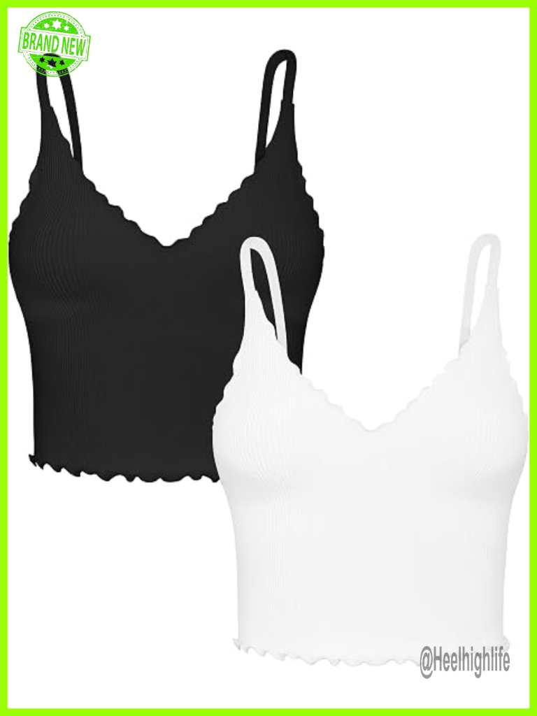 Seamless Ribbed Crop Camisole With Ruffles V-Neck Adjustable Straps Tank Top